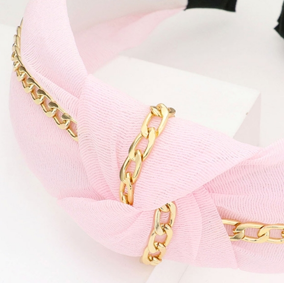 Gold Chain & Pink Knot Headband Bling Fashion Hair Cute Statement Accessory Trim - Picture 2 of 2